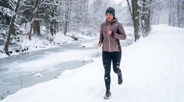 Woman running on snow path in winter forest landscape.