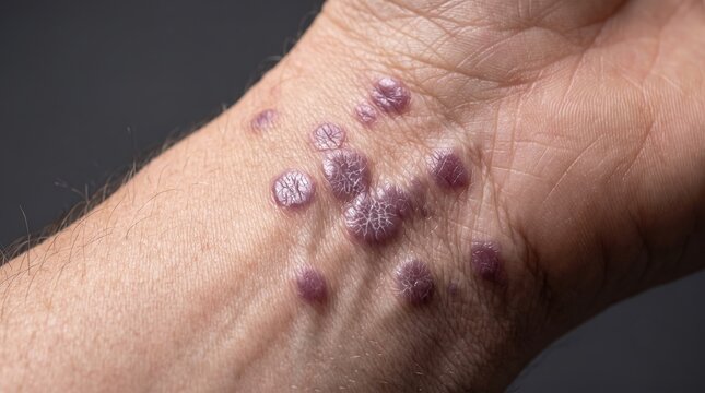 Violaceous polygonal papules of lichen planus on male wrist