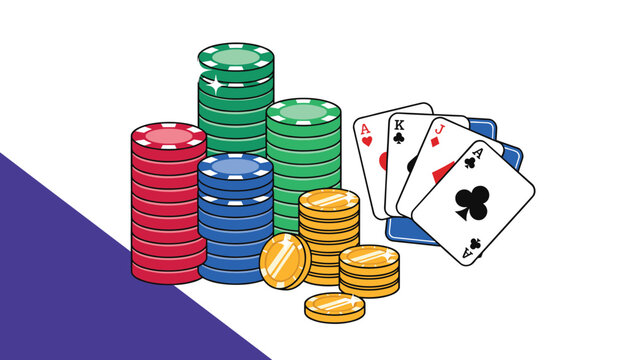 Casino poker chips stack and winning playing cards representing gaming luck and betting entertainment in vector.