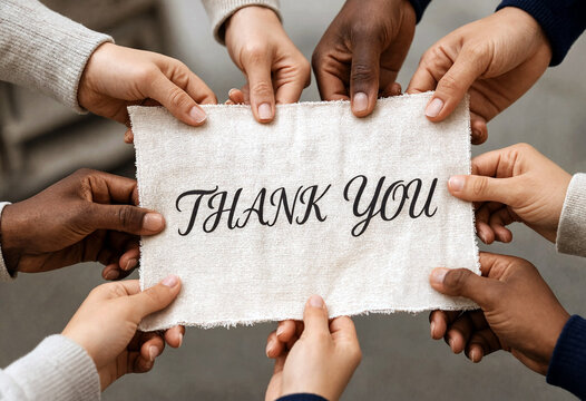 Group of diverse hands holding a thank you sign showing teamwork and gratitude together