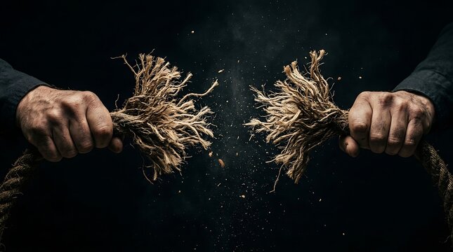Two strong hands pulling a thick, frayed rope apart against a dark background, symbolizing tension and breaking point.
