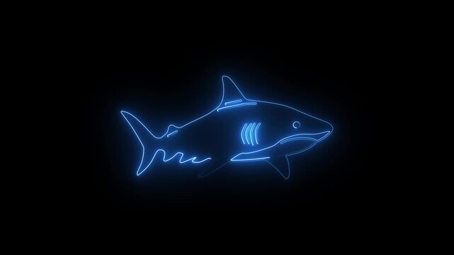 Glowing blue neon shark silhouette on black background