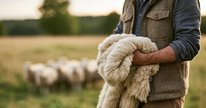 Farmer holding fresh sheep wool fleece