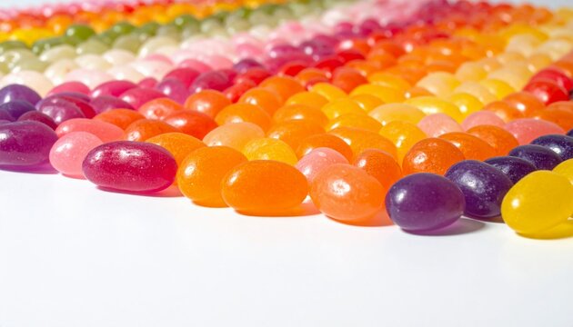 Jelly Beans Arranged by Color on a White Surface Close up