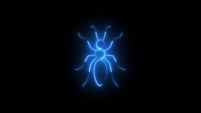 Glowing blue neon ant icon on dark background