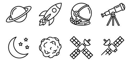 Minimalist space exploration icon set, black line art astronomy symbols, set of 8 vector icons featuring rocket ship and planets for science education © Ali Graphics