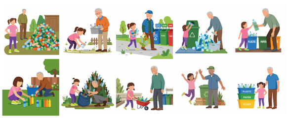 Naklejka premium Grandfather and Granddaughter Recycling Plastic Bottles and Sorting Waste for Environmental Sustainability Illustration Set