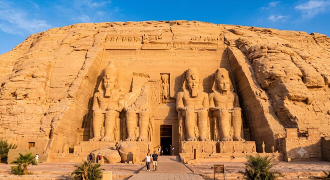 Ancient Abu Simbel Temple carved into sandstone cliffs showcasing one of Egypt's most extraordinary archaeological landmarks and UNESCO World Heritage monuments