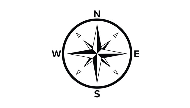 Simple black and white vector illustration of a navigation compass windrose with cardinal directions north, south, east, and west.