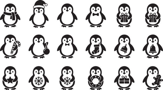 Christmas penguin icon set, 18 cute winter animal vector silhouettes, black and white holiday bird characters for festive design isolated on Transparent Background