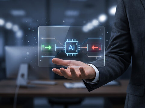 A male hand presenting digital artificial intelligence chip hologram with direction arrows showing input and output data flow representing automated machine learning processing in corporate office.