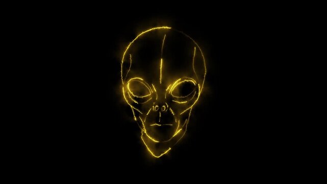 Glowing golden alien head outline on black background