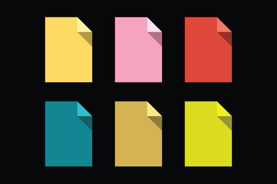 Six flat design document icons in bright colors with folded corners and shadows on a Grainy black background