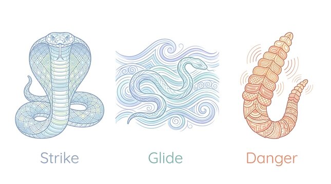 Clean minimal vector line-art infographic icon set featuring a king cobra with its hood flared, a snake slithering smoothly through intricate wave lines, and a rattling snake tail with detailed.