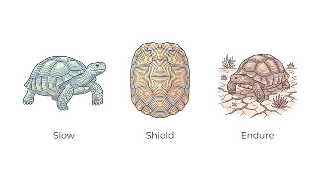 Clean minimal vector line-art infographic icon set featuring a desert tortoise walking slowly, a tortoise shell showcasing highly complex geometric growth rings, and a tortoise surviving in a ...