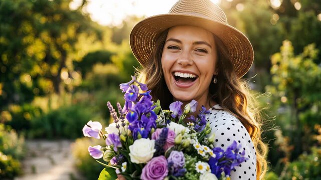 Woman smiles while holding bouquet of flowers in garden. Bright sunlight highlights flowers and greenery. Concept of floristry, gardening, outdoor events