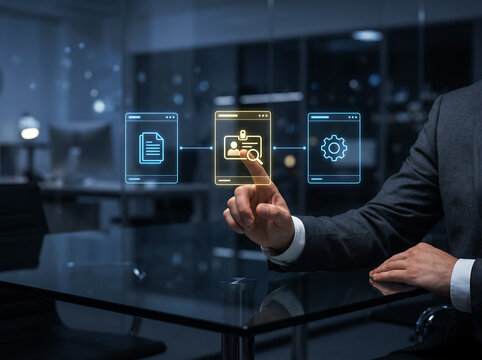 A male professional hand interacting with id card verification interface showing profile document and gear icons representing digital security identity management and human resource authentication.