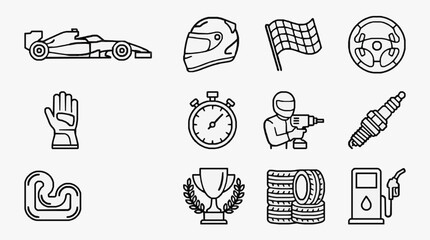 Fototapeta premium Sleek Black and White Line Icons Set Featuring Racing Car Safety Gear Tools and Fuel Elements with high quality professional line art symbols for modern creative design and digital branding projects
