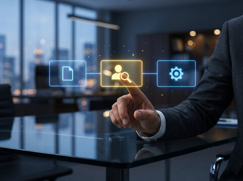A businessman finger pointing at human resource search icon on virtual interface in office setting representing recruitment talent acquisition and workforce management technology solutions at night.