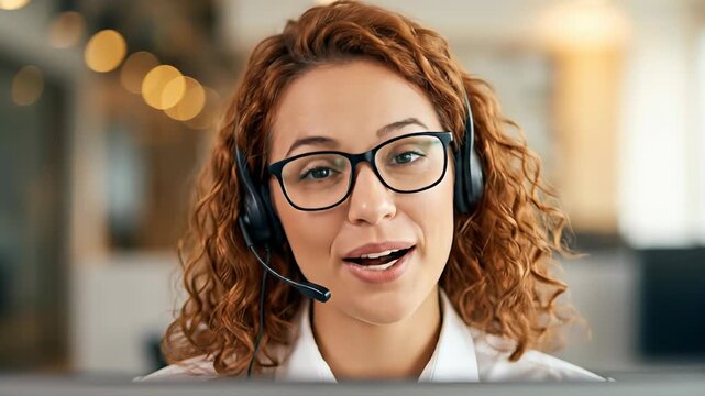 Woman wearing glasses and headset smiles while communicating at desk. Bright office space with soft lighting and blurred background. Concept of customer service, communication, support