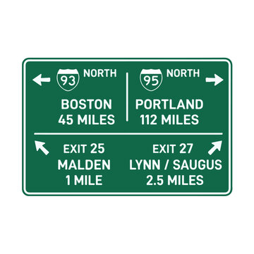 Green Interstate 93 and 95 North Directional Sign with Boston and Portland Exits
