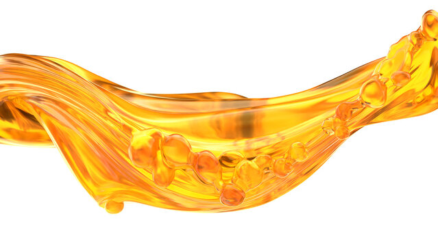 A bright liquid oil flows smoothly in waves with small round bubbles along the surface. The scene is simple and highlights the movement of the liquid in a clear manner. 3d render