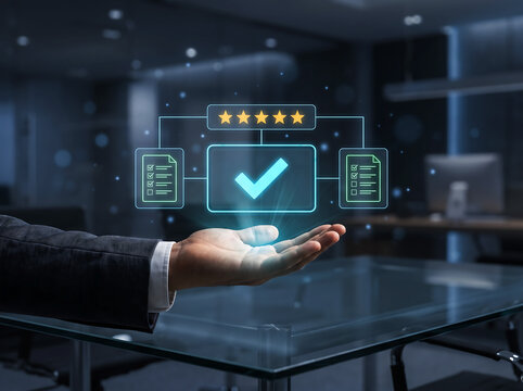 Business Professional Presenting Digital Approval and Customer Rating Interface