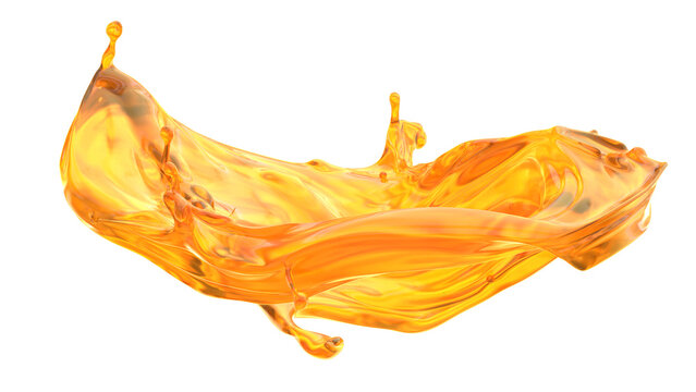 A droplet falls into a pool of orange liquid and creates a splash. The liquid spreads widely as it meets the surface. The background is plain and white. 3d render