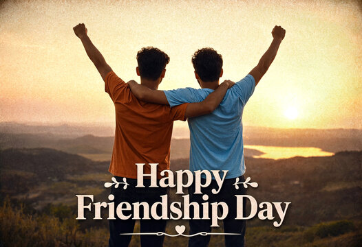 Two happy friends celebrating friendship with raised arms at beautiful sunset over scenic landscape