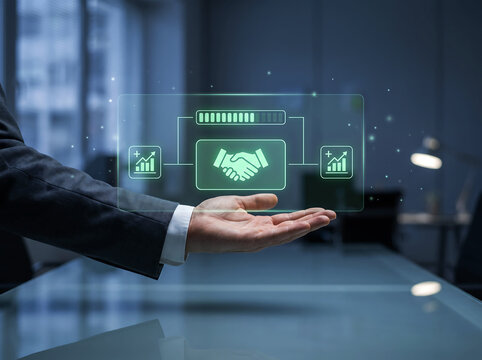 Business Professional Presenting Digital Handshake and Partnership Concept