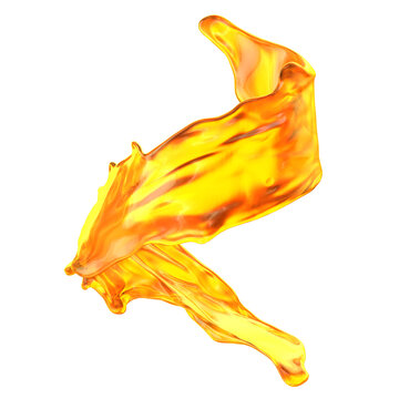 A yellow oil liquid moves in a flowing manner, creating a spiral design. The liquid appears to be in motion, with curves and twists visible against the plain white background. 3d render