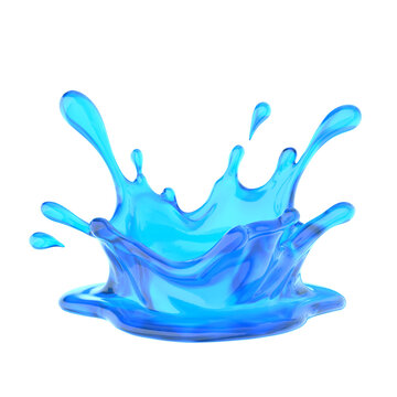 A blue splash of water is captured in motion against a white background. The fluid creates various shapes as it splashes upward and outward. Water droplets scatter around it. 3d render
