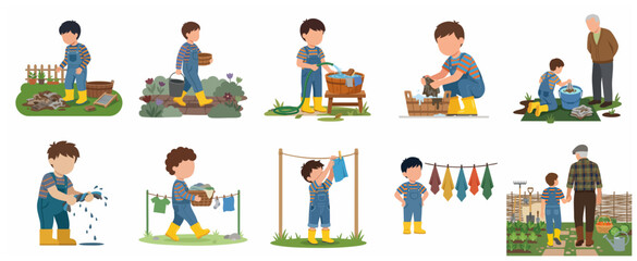 Fototapeta premium Illustrations set of a little boy helping with laundry and gardening tasks, washing clothes by hand, and spending time with his grandfather in the garden.