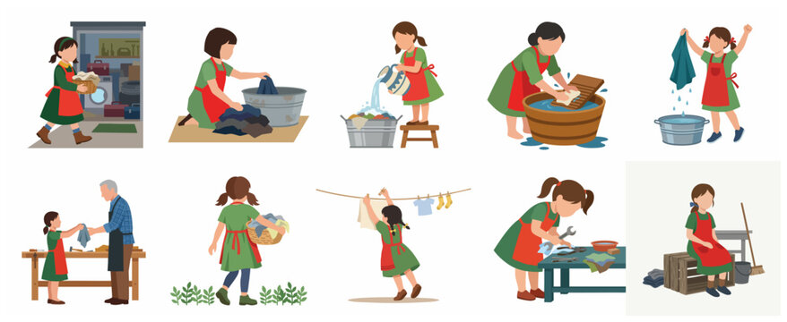 Set of flat illustrations depicting children engaged in various household chores, laundry tasks, and assisting elders in a workshop