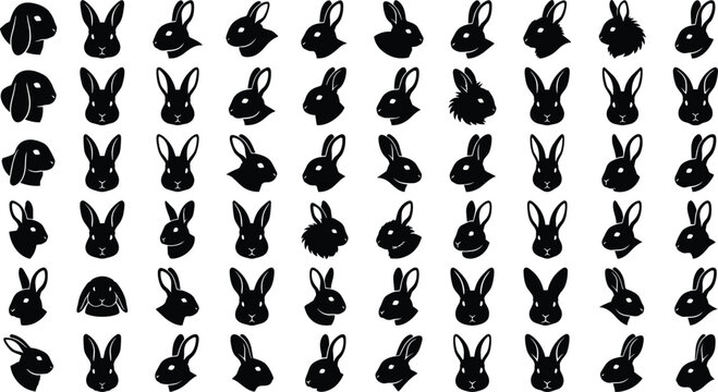 Comprehensive vector library of black rabbit silhouette heads in multiple angles and profiles