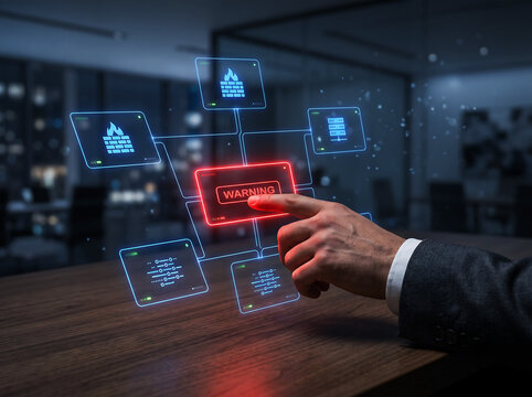 Cyber security analyst points to digital warning sign on interactive screen displaying firewall icons and network connections symbolizing threat detection and data protection services.