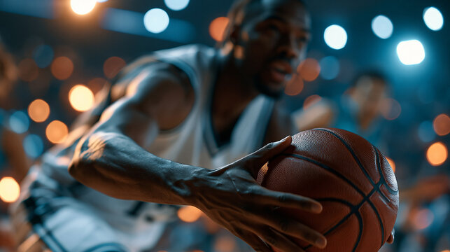 Basketball defender stealing the ball mid pass with explosive defensive movement in an intense indoor sports action scene