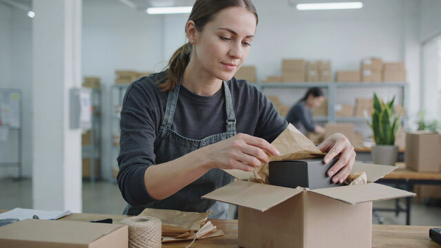 Warehouse worker repacks a returned product in a cardboard box with kraft paper