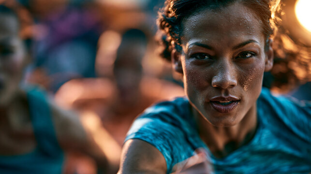 Two female runners sprint in the final meters of a race with determined faces and dramatic motion blur background