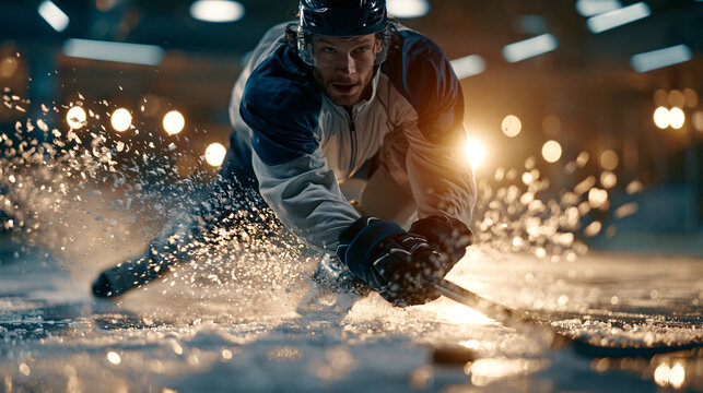 Young hockey player exploding forward on fresh ice during training in a cold arena, skates spraying frozen shards in a powerful photorealistic action shot