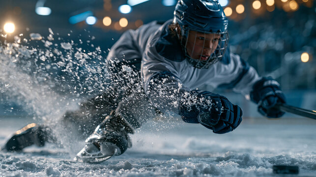 Young hockey player exploding forward on fresh ice during training in a cold arena, powerful lean, skate spray, photorealistic action shot