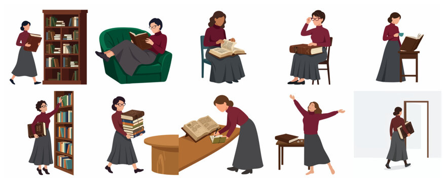 Flat Vector Illustration Set of a Woman Reading, Studying, and Working with Books in a Library