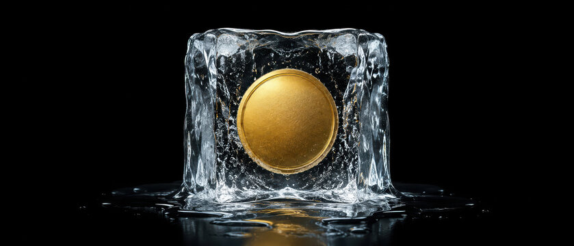 Frozen coin in melting ice cube on black background symbolizes inflation and interest rates affecting economy