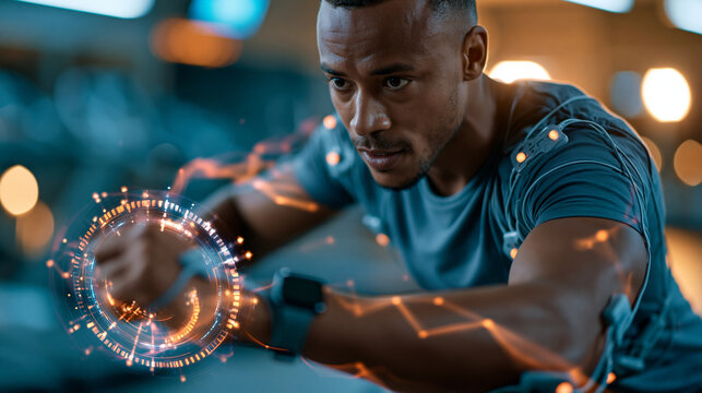 Athlete training in a high tech gym with wearable sensors, smart watch and motion tracking equipment for performance innovation