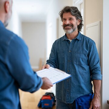 Handyman receiving work order clipboard