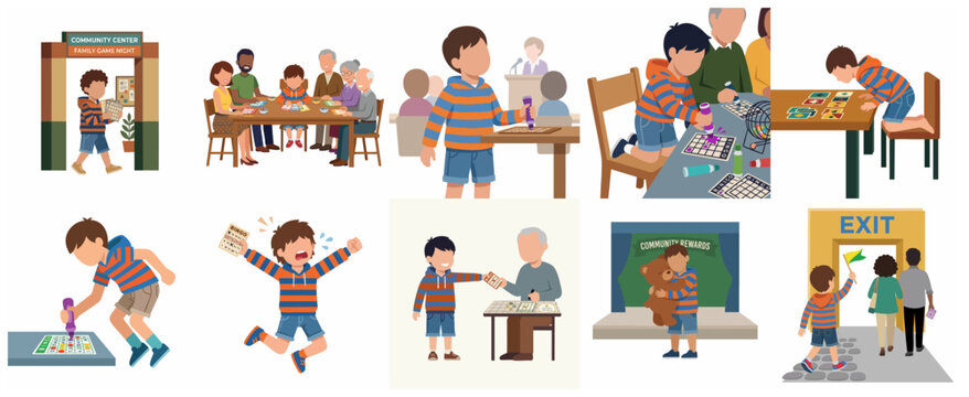 Vector illustration set of a young boy participating in a community center family bingo night and winning a prize