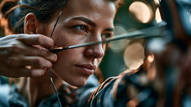 Calm archer aiming a bow in silent focus just before release, tense bowstring and shallow depth of field sports portrait