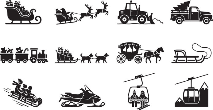 Christmas winter transportation icons, set of 12 black silhouette holiday vehicles, festive reindeer sleigh and snowmobile vector elements isolated on Transparent Background