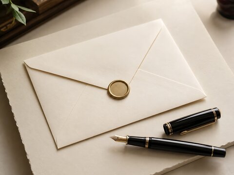 Elegant white envelope with gold wax seal on marble desk. Formal invitation stationery with black pen for signing documents.