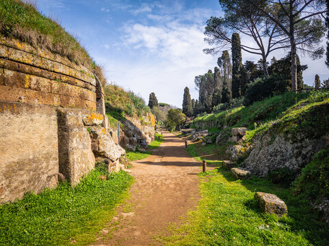 Scenic view in the Banditaccia Necropolis, near Cerveteri, Province of Viterbo, Lazio, Italy.